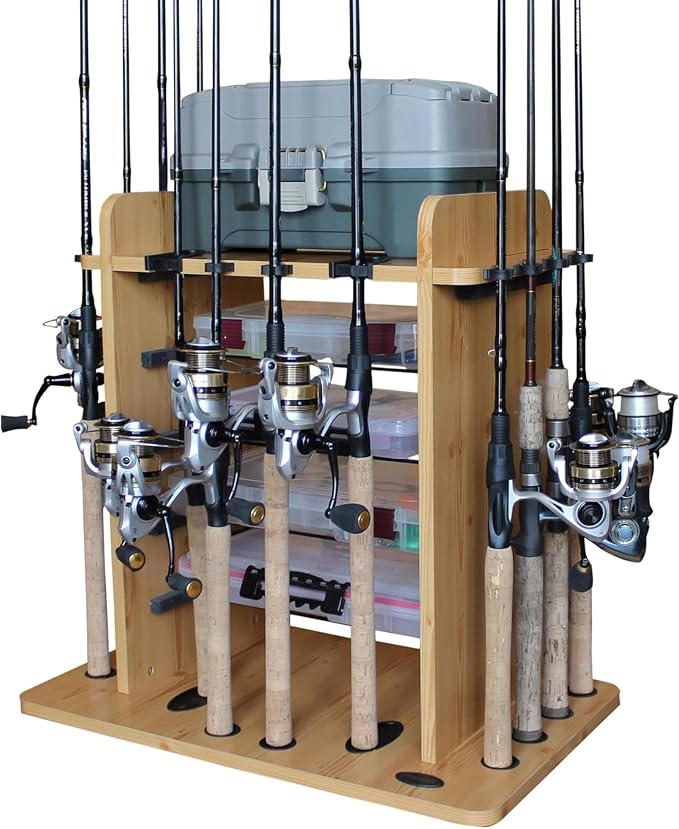 Rush Creek Creations Fishing Rod Holder for 14 Saltwater/Freshwater Rods, Fishing Pole Holder w/ up to 4 Fishing Gear Tackle Box Storage for Garage Organization/Boat Storage for Fishing Accessories | Fishing Pole Holder