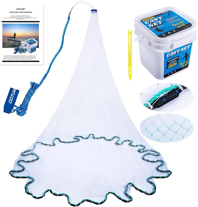 Goture American Fishing Cast Net Saltwater Freshwater,3/8in Mesh Size Casting Net for Bait Fish Shrimp Trap,Heavy Duty Sinkers Dual Color Double Selvage,3ft-12ft Radius Throw Cast Net with Needle
