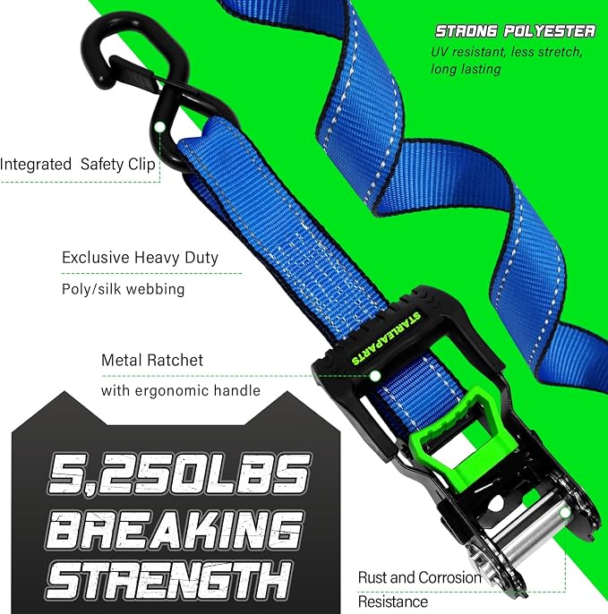 Motorcycle Tie Down Strap (4PK 1.5INX8FT) - 5,250lb Break Strength, Ratchet Straps Heavy Duty, Soft Loop Ratchet Straps for Moving Appliances, Lawn Equipment, Cargo Straps for Trucks
