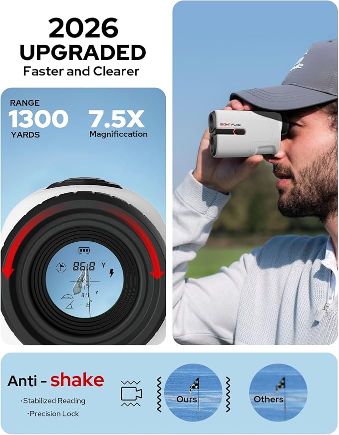 GF2 Golf Rangefinder with Slope, 1300 Yards Laser Range Finder, 7.5X Magnification, Flag Pole Locking Vibration 0.3 Yard Accuracy, Rechargeable Magnetic Golf Accessories Gift for Men Women