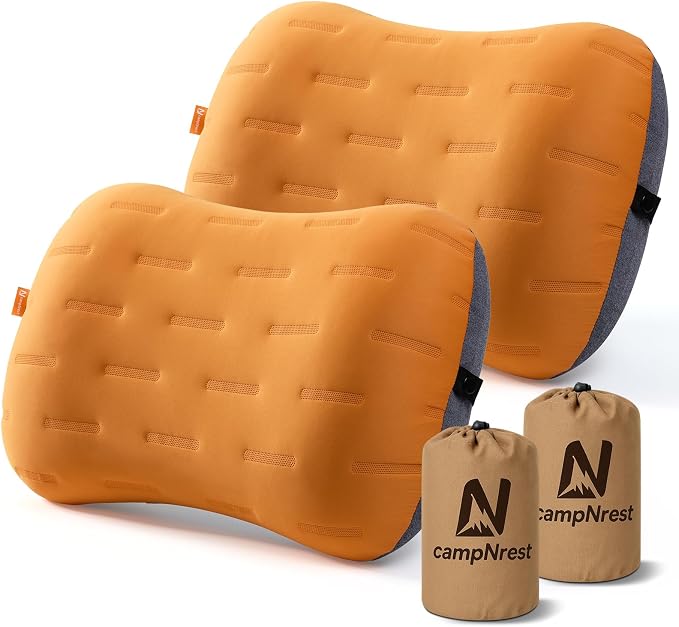 Inflatable Camping Pillow - Ultralight Compact Air Pillow for Travel, Backpacking & Hiking - Ergonomic Neck & Lumbar Support - Portable Inflatable Pillow with Removable Washable Cover -(Orange 2 Pack)