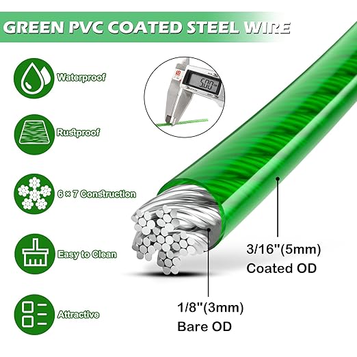 50Ft Clothes Line Outdoors, Green PVC Coated Steel Cable Clip Kit, Multi-use Turnbuckles for Cables Wires/Clothesline Wire/Grape Vine/String Light Hanging Kit
