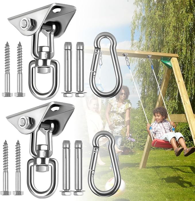 2-Pack Hammock Hanging Kit, 360-Degree Swivel Heavy-Duty Swing Hooks, Supports 1200 lbs, Stainless Steel Swing Hardware for Hammocks, Playgrounds, Yoga, Chairs & Heavy Bag. Installs on Concrete/Wood.