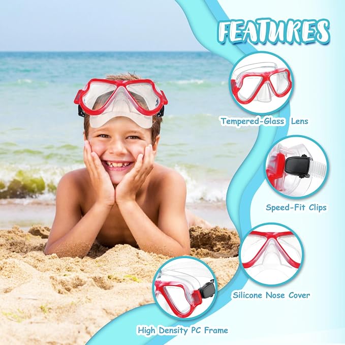 Snorkeling Gear for Kids, 4 in 1 Child Mask Fins Snorkel Set with Panoramic View Anti Fog Mask, Dry Top Snorkel, Trek Fins and Travel Bag, Kids Snorkeling Set with Fins for Snorkeling Swimming