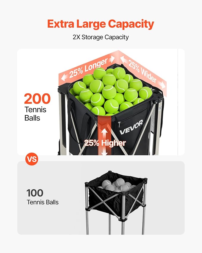 VEVOR Tennis & Pickleball Hopper Holds 200/175/150/120 Balls, 3-in-1 Tennis Foldable Pickleball Basket Cart for Easy Installation, Storage Bag for Tennis Training & Teaching