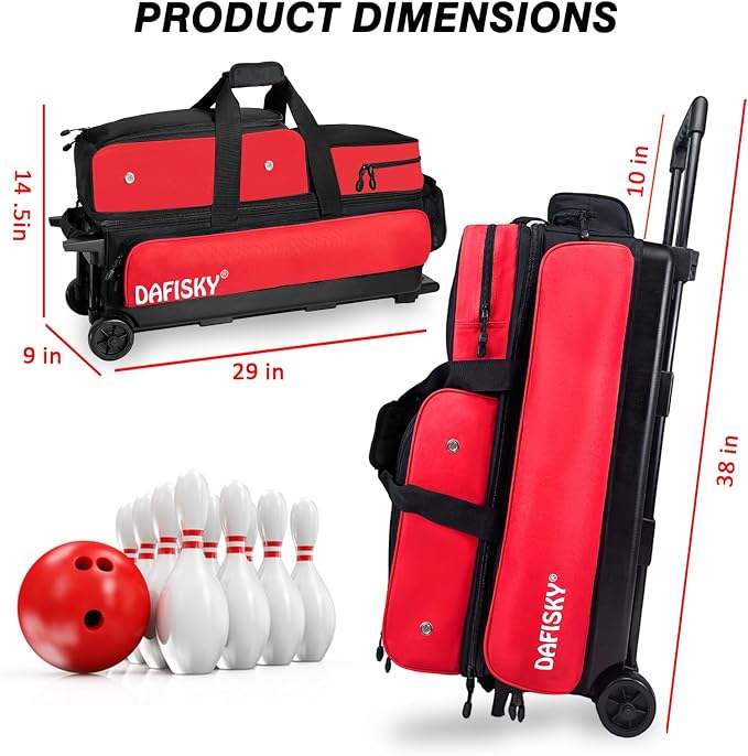 DAFISKY 3 Ball Bowling Bags with Wheels, Roller Bowling Bag with Multiple Pockets Retractable Handle Extends to 38‘’