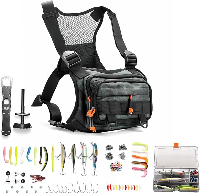 All in One Fishing Chest Pack Tackle Bag with Tackle Box, Fishing Lures Kit | Hook Remover Tool, Fish Lip Gripper, Fishing Plier Friendly for Beginners & Professional Anglers Gifts for Men (Green)