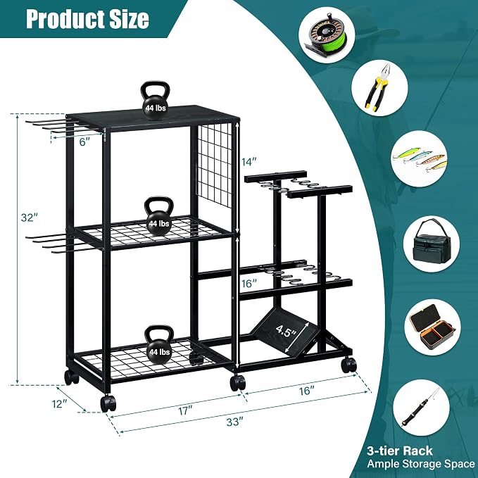 TC-HOMENY Fishing Rod Holders for Garage with Lockable Wheels, Heavy Duty Fishing Pole Rack Cart Holds Up to 10 Rods, Large Fishing Tackle Gear Organizer Storage rack for Room, Garage, Basement, Black