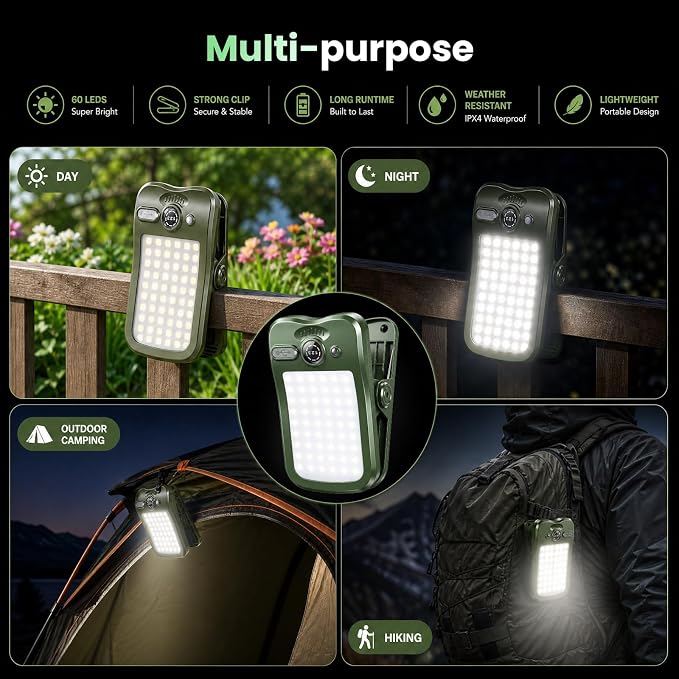 Clip on Solar Lights Outdoor, Portable Mini Solar Camping Light,Constant-on Light, Non-Motion-Sensing Mode,60LEDs 600LM Portable Security Light for Fence Waterproof, Deck, Yard, Camping, USB Charging