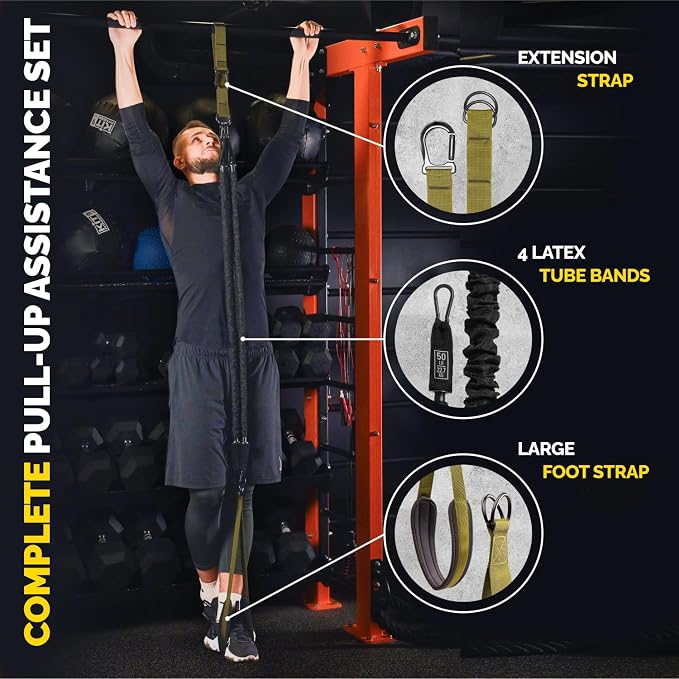 Pull Up Assistance Bands - 4 Heavy Duty Pull Up Bands with Adjustable Strap and Foot Rest - Stackable Pull Up Assist Band Set for Pull Up Bar - Resistance Bands for Pull Ups Chin Ups Strength Training