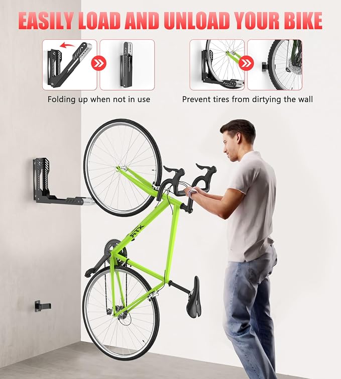 ALIXUEQIN Swivel Bike Wall Mount 2 Pack Bike Rack for Garage, No Heavy Lifting Required Wall Bike Hangers Can Holds up to 77 lbs (Black & White)