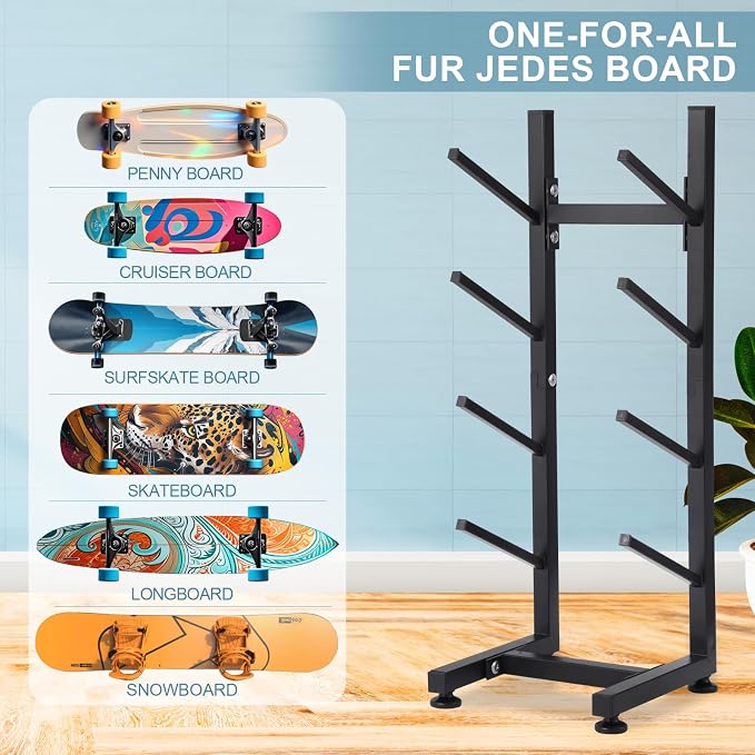 BiJun Skateboard Racks Floor Stand, 4-Layer Skateboard Holder,Snowboard Storage Rack, Skateboard Organizer Floor Stand for Deck, Longboard, Snowboard, Standard Skateboards, Mini Cruiser Skateboard