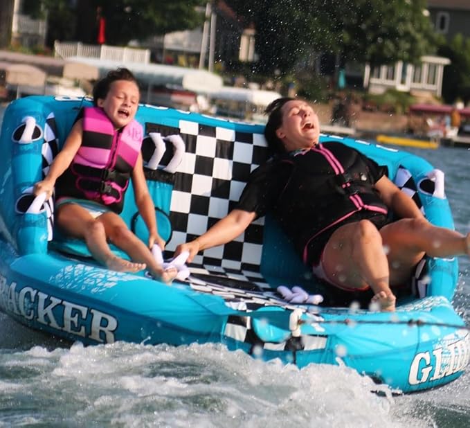 Serenelife Inflatable Towable Tube for Boating – 2-4 Person, 4500 lbs Pulling Capacity, Deck Seats & Backrest, Premium Nylon Cover, Grab Handles, Front/Back Tow Points, Speed Safety Valve