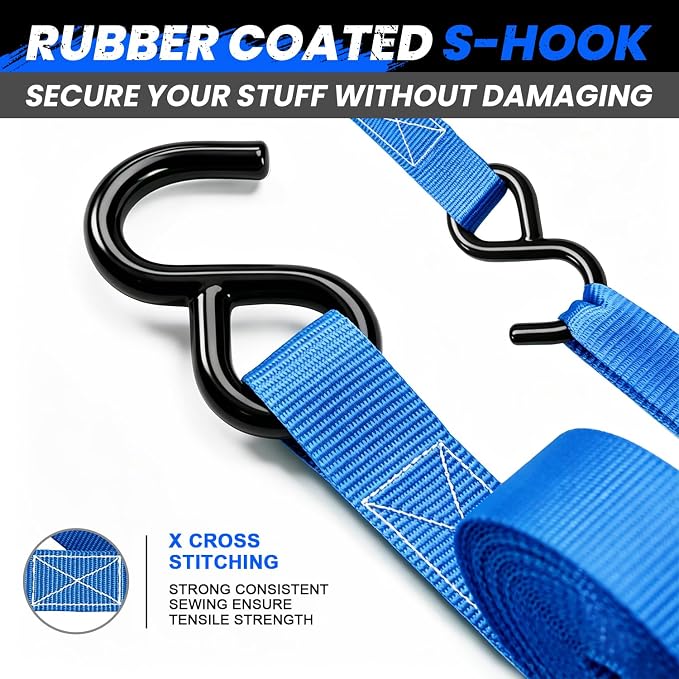 Ratchet Straps Medium Duty 4 Pack -1 Inch x 15 Feet (1,823LB Break Strength)- Motorcycle Tie Down Straps -Soft Loops with Bungee Cords- Ratchet Tie Down Set for Powersports, Motorcycle or Moving Cargo