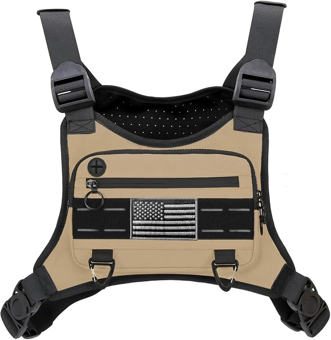 Muserise Sports Chest Bag For Men Women, Water Resistant Lightweight Front Chest Pack, Running Vest Bag With Built-In Phone Holder & Extra Storage For Workouts, Running, Cycling (Khaki)