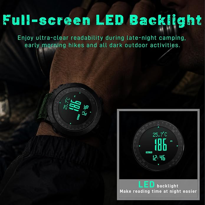CakCity Digital Watch Military Tactical Watches for Men, 50mm Large Face Zinc Alloy Case with Breathable Double-Layer Nylon Strap, 5ATM Waterproof Shockproof, Altimeter, Barometer, Thermometer, Dual Time, Compass, Alarm, Stopwatch, Countdown