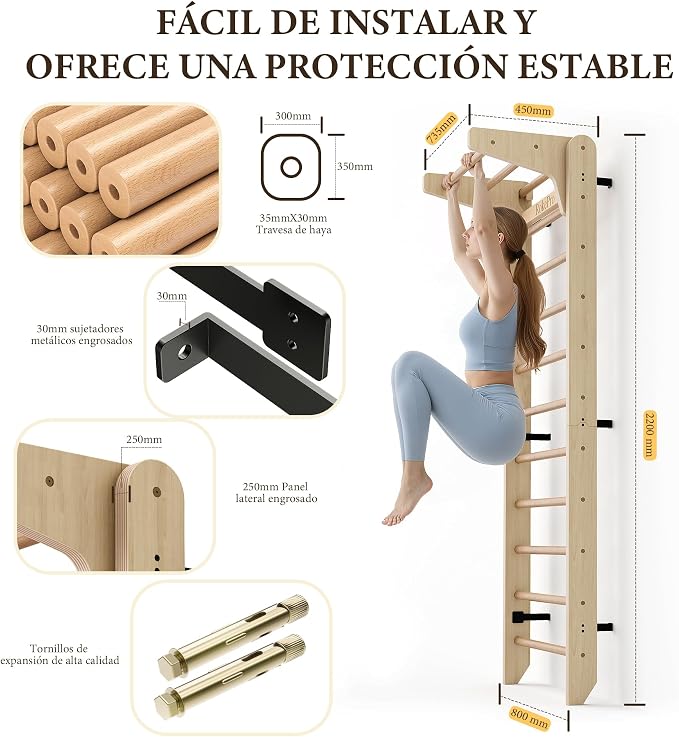 Multi-Function Gymnastics Swedish Ladder,Wall Mounted Wooden Gymnastics Bar,Indoor Home Gym for Kids & Adults