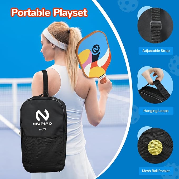 niupipo Pickleball Paddles Set of 2 or 4, USAPA Approved Fiberglass Pickleball Paddle Set with Balls and Bag, Polypropylene Honeycomb Core, Lightweight Pickleball Paddles for Beginners Men Women