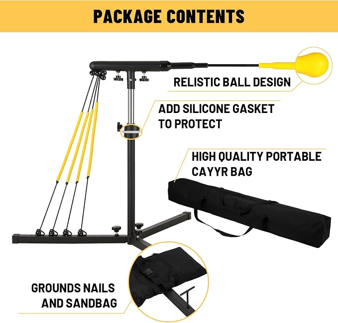 Baseball Softball Swing Trainer with 4 Power Bands, 31-43 In Adjustable Baseball Hitting Trainer with 3 Ground Nails, Carry Bag. Baseball Training Equipment Improve Power, Speed, Coordination