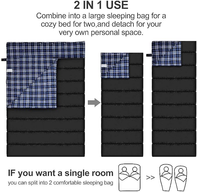 Cotton Flannel Double Sleeping Bag for Camping, Backpacking Or Hiking. Queen Size 2 Person Waterproof Sleeping Bag for Adults Or Teens. Lightweight with Compression Sack