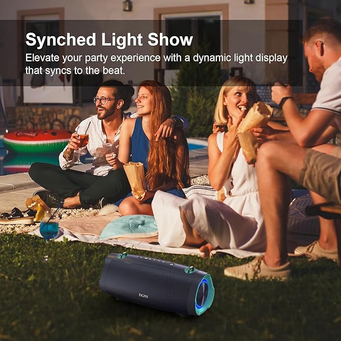 DOSS Extreme Boom Pro D100, 70W Bluetooth Speaker with Deep Bass, IPX6 Waterproof, 10400mAh 24H Battery, Built-in Power Bank, TWS Stereo Pairing & Beat-Sync Lights for Outdoor Camping Party – Black