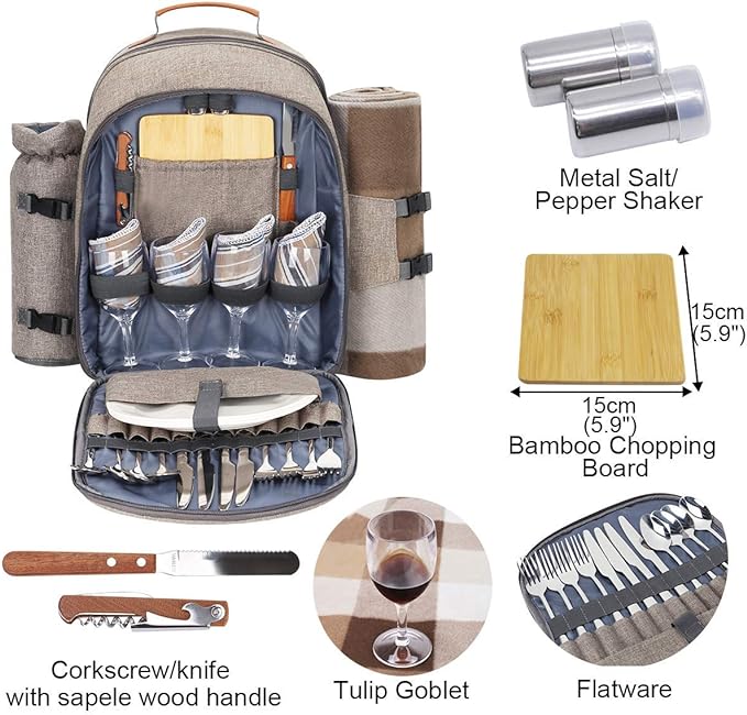 Sunflora Picnic Backpack for 4 Person Set Pack with Insulated Waterproof Pouch for Family Outdoor Camping (Brush Beige)