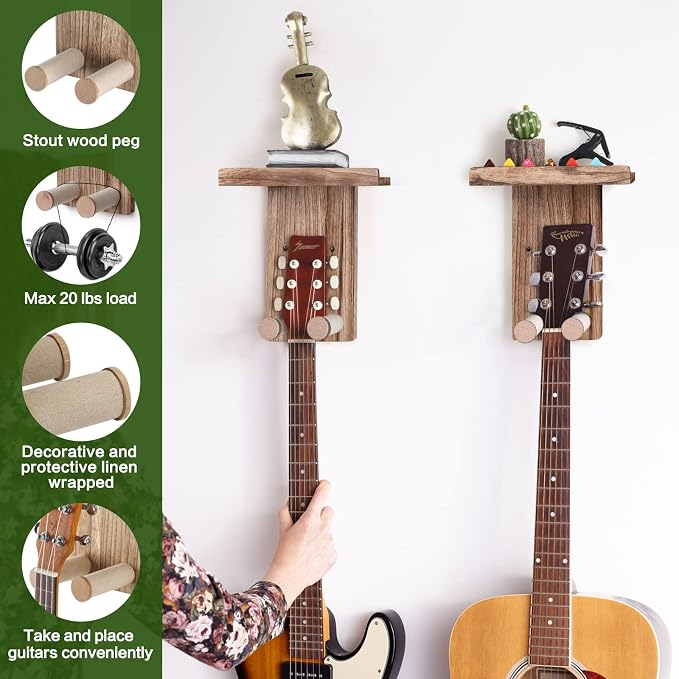 Keebofly 2 Pack Guitar Hanger Wall Shelf with Pick Holder Wood Rack for Acoustic, Electric, Ukulele, Bass, Mandolin - Brown (Patented)