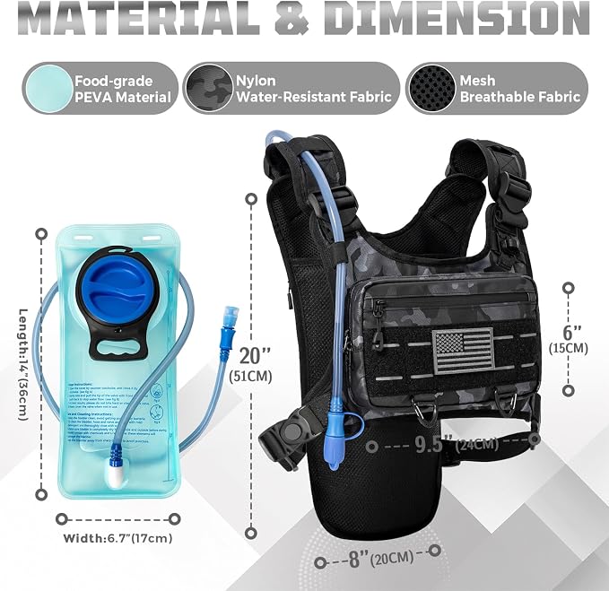 Running Hydration Vest with 2L Water Bladder， Lightweight Adjustable Hydration EDC Chest Pack for Men and Women, Water Backpack for Hiking, Cycling