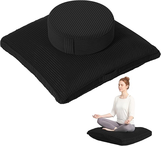 Meditation Cushion Set, Large Meditation Pillow with Ergonomic Support Prayer Pad, Modern Zafu & Zabuton Set to Mindfulness, Yoga, Removable Corduroy Cover, Black, 32in