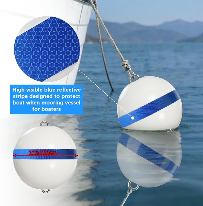 Mooring Buoy Boat Mooring Ball Float with Reflective Blue Stripe to Protect Boat,12/15/18 Inch Illuminated Buoy