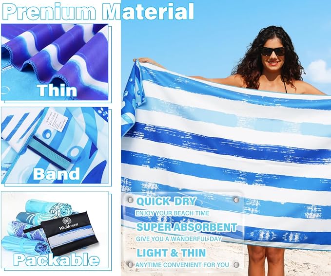 Widdonen Lightweight Thin Microfiber Beach Towel Sand Free Quick Dry Absorbent Compact Soft Pool Swim Travel Towels Extra Large Oversized Beach Accessories Gifts for Adult