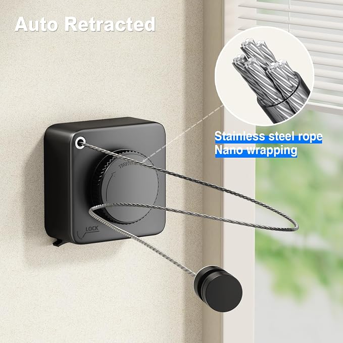 MUSTORN Retractable Clothesline Indoor, Non-Sagging Outdoor Clothes Line Retracting Heavy Duty Clothes Drying Laundry Line Wall Mounted Stainless Steel Line-15.1 Feets(Black)