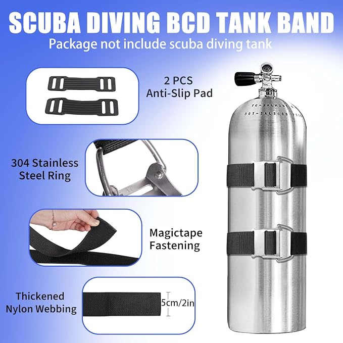 Scuba Diving BCD Tank Band, Adjustable and Sturdy Dive Tank Strap with 304 Stainless Steel Cam Buckles and Non-Slip Pads for Underwater Diving, 2 Pack
