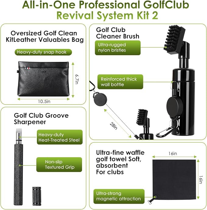 7-in-1 Golf Club Cleaning Kit - Club Cleaner, Grip Cleaner, Polish, Water-Spray Brush, Groove Cleaner, Magnetic Towel & Portable Bag | Restores Clubs, Removes Rust/Scratches, Renews Tackiness
