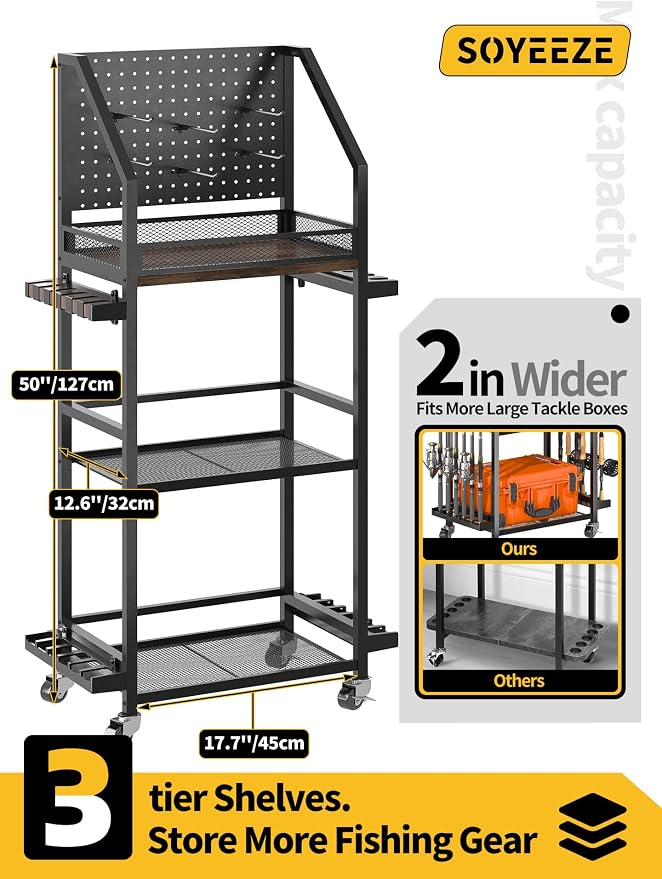 SOYEEZE Fishing Rod Holders for Garage, 3-Tier Fishing Pole Rack with Pegboard and Metal Mesh Fence, Fishing Gear Organizer with Hooks Up to 12 Rods, Rolling Fishing Storage Cart with Lockable Wheels