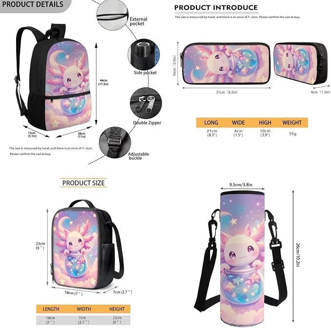 Axolotl Backpack for Girls School Bookbag with Lunch Box Pencil Case Water Bottle Holder 4 PCS Elementary Schoolbag Set Back to School Supplies 17 Inch Rucksack Daypack