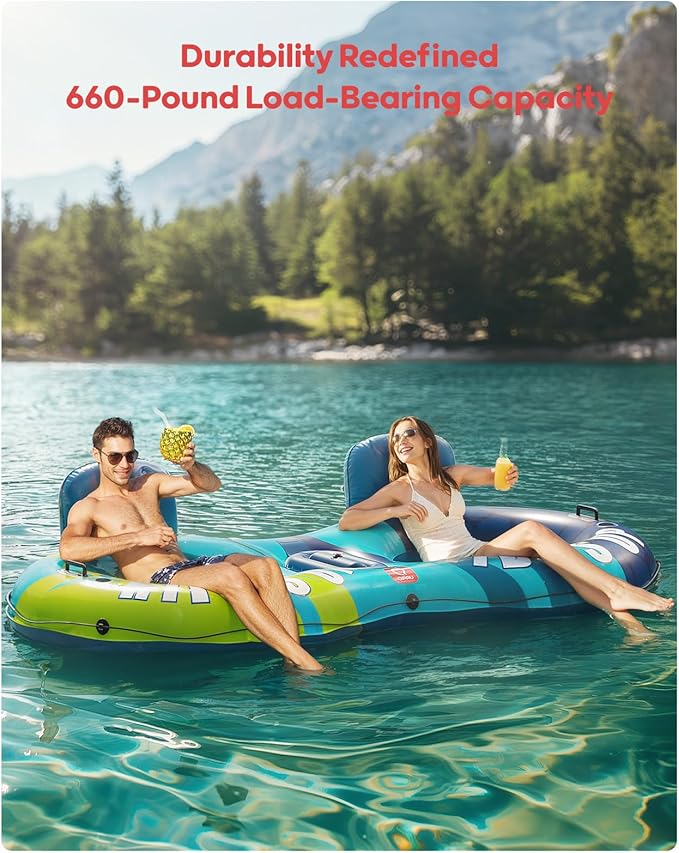 QPAU Inflatable Double River Tube, 2 Person 660lb Capacity, Puncture-Resistant 93" Sturdy Heavy Duty River Float, River Raft with Ergonomic Backrest, Cooler & Cup Holders for Family