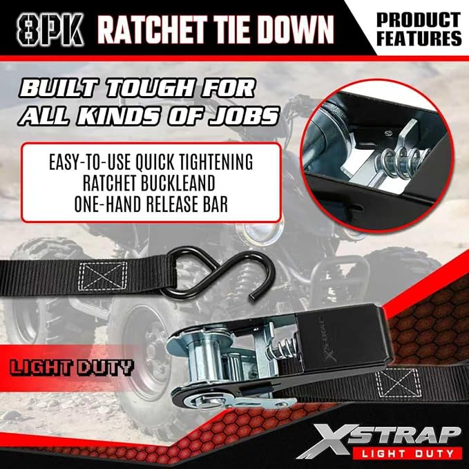 XSTRAP STANDARD 8-Pack Ratchet Tie Down Straps, 1" x 10ft, 900lb Break Strength Heavy Duty Straps for Motorcycles, ATVs, Lawn Equipment, Appliances & Truck Cargo - Black