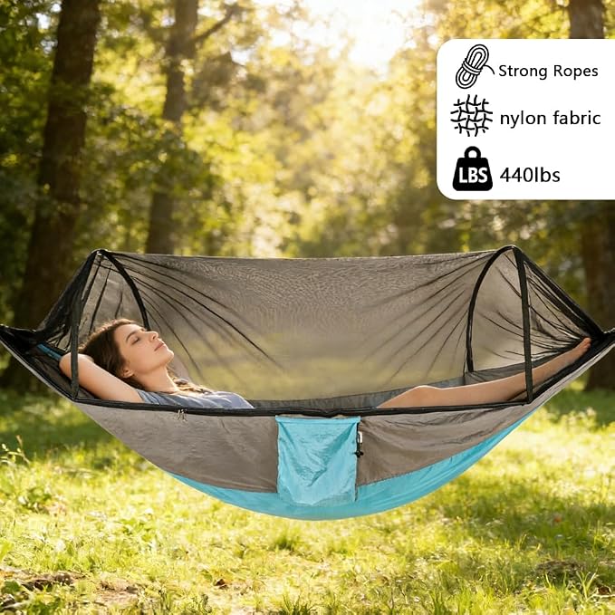 Camping Hammock with Mosquito Net - Double & Single Portable Hammocks with 2 Tree Straps, Lightweight Hammock Tent for Outdoor Camping, Hiking, Backpacking, Beach & Backyard (Blue)