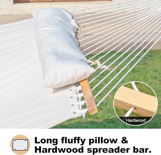 GAFETE Hammock 2 Person Quilted Fabric Hammocks for Outside, Double 12ft Hammocks with Spreader Bar, Large Removable Pillow, Storage Bag, Carabiners, Max 475 lbs Capacity (Dune Beige)
