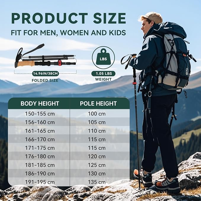 Carbon Fiber Trekking Poles 2-Pack - Lightweight Collapsible Hiking Sticks with Cork Grip & Quick-Lock System, Portable Walking Poles for Travel & Backpacking, Suitable for Men, Women and Seniors