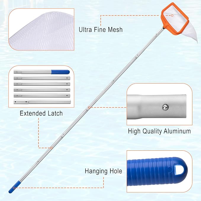 Pool Cleaning Kit, 7.5Ft Aluminum Telescoping Pole with Skimmer Net, Heavy Duty Pool Maintenance Set, for Inground Above Ground Swimming Pools, Easily Remove Leaves, Debris