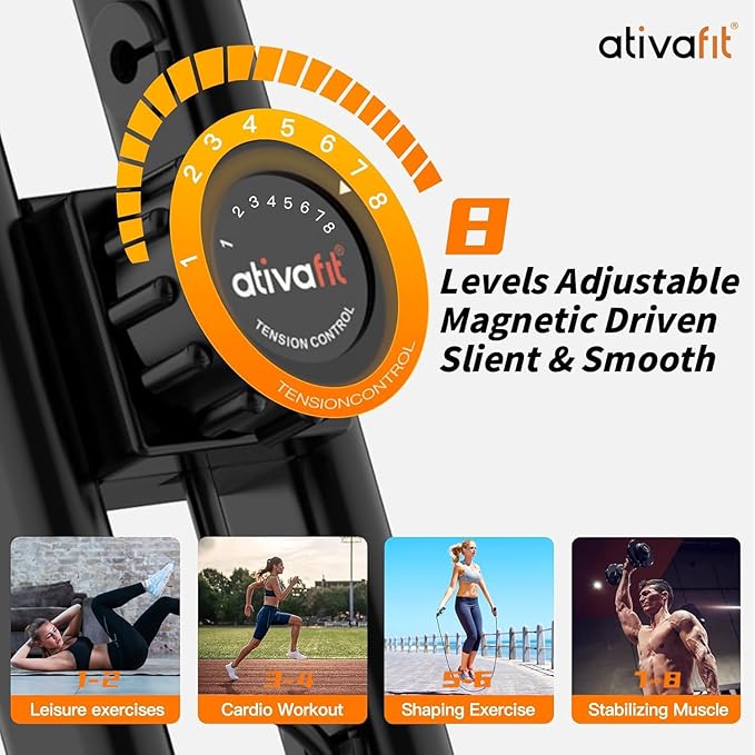 ATIVAFIT 5-in-1 Foldable Exercise Bike for Home, Upright & Recumbent Indoor Bike with 8-Level Magnetic Resistance, Resistance Bands, Quiet Cardio, Adjustable Seat