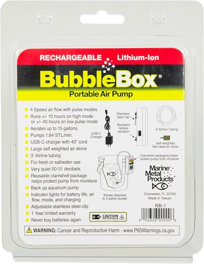 Marine Metal RB-1 Rechargeable Bubble Box Live Bait Aerator, Water Resistant Air Pump, Portable