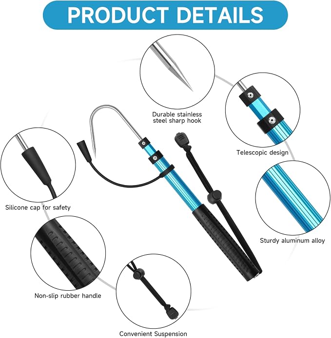 SANLIKE Telescopic Fishing Gaff Aluminum Pole with Nonslip Rubber Handle Stainless Steel M8 Screw Hook
