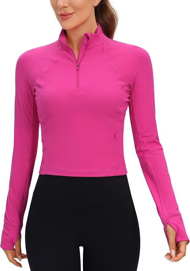 CRZ YOGA Butterluxe Half Zip Long Sleeve Shirts for Women - Workout Athletic Yoga Tops Crop Collared Quarter Zipper T-Shirt