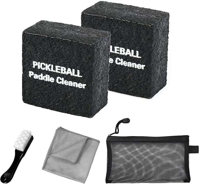 5-in-1 Pickleball Paddle Eraser Kit - [2 Erasers, Microfiber Towel, Soft Brush & Pouch] Raw Carbon Fiber Cleaner & Grit Restorer Set