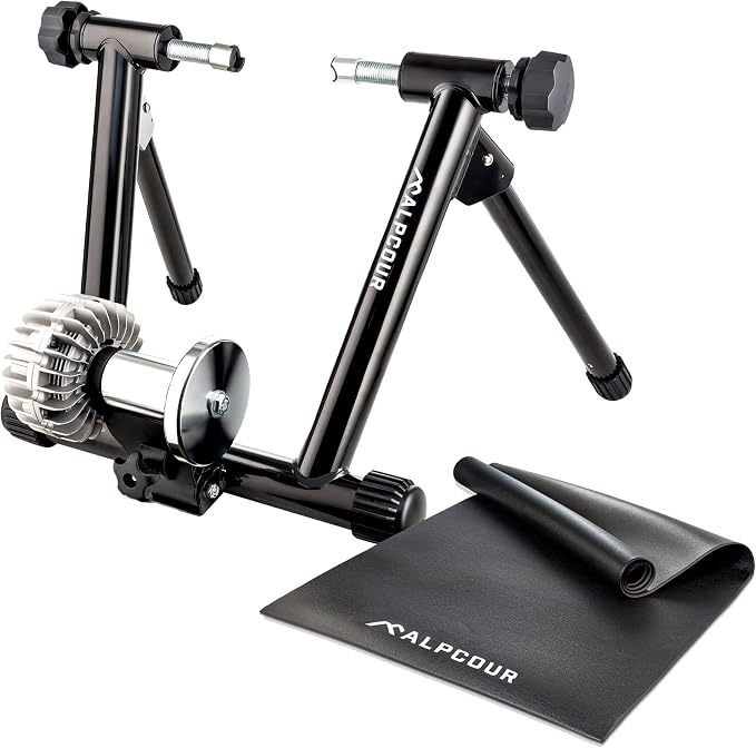 Alpcour Fluid Bike Trainer Stand for Indoor Riding – Portable Stainless Steel Indoor Trainer, Noise Reduction, Progressive Resistance, Dual-Lock System – Multipurpose Bike Trainer Mat – 36”x78”