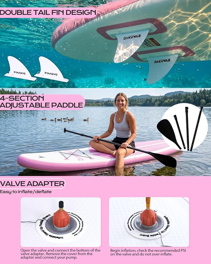 DAKUWAR Paddle Board 10'6''/10' Inflatable Stand Up Paddle Boards with SUP Accessories Ultra-Light Paddleboard Non-Slip Comfort Deck for Adults & Youth of All Skill Levels
