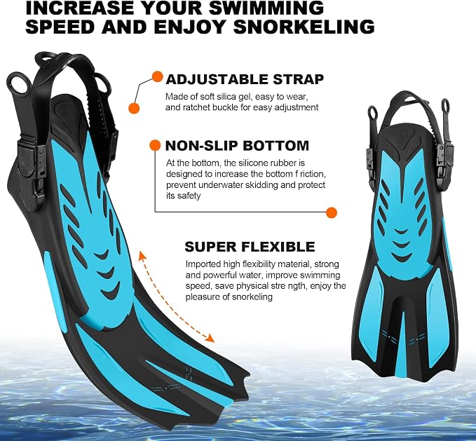 Odoland Snorkel Set, Adults Snorkeling Packages with Dry Top Diving Mask, Adjustable Swim Fins, Mesh Bag, Anti-Fog Anti-Leak Snorkeling Gear for Men Women